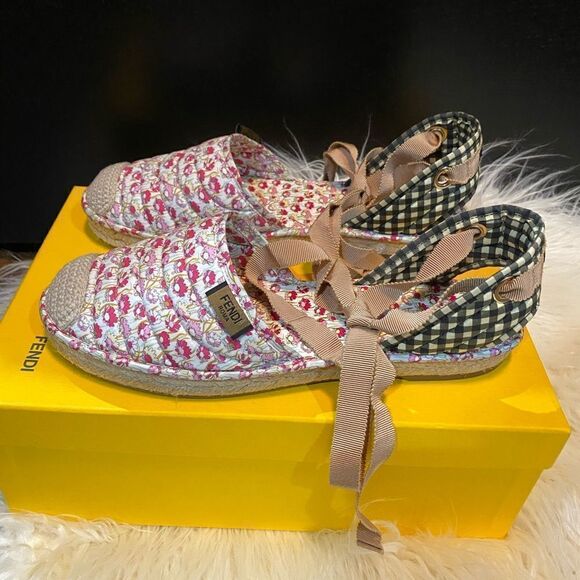 Fendi Quilted floral & gingham canvas espadrilles flats shoes